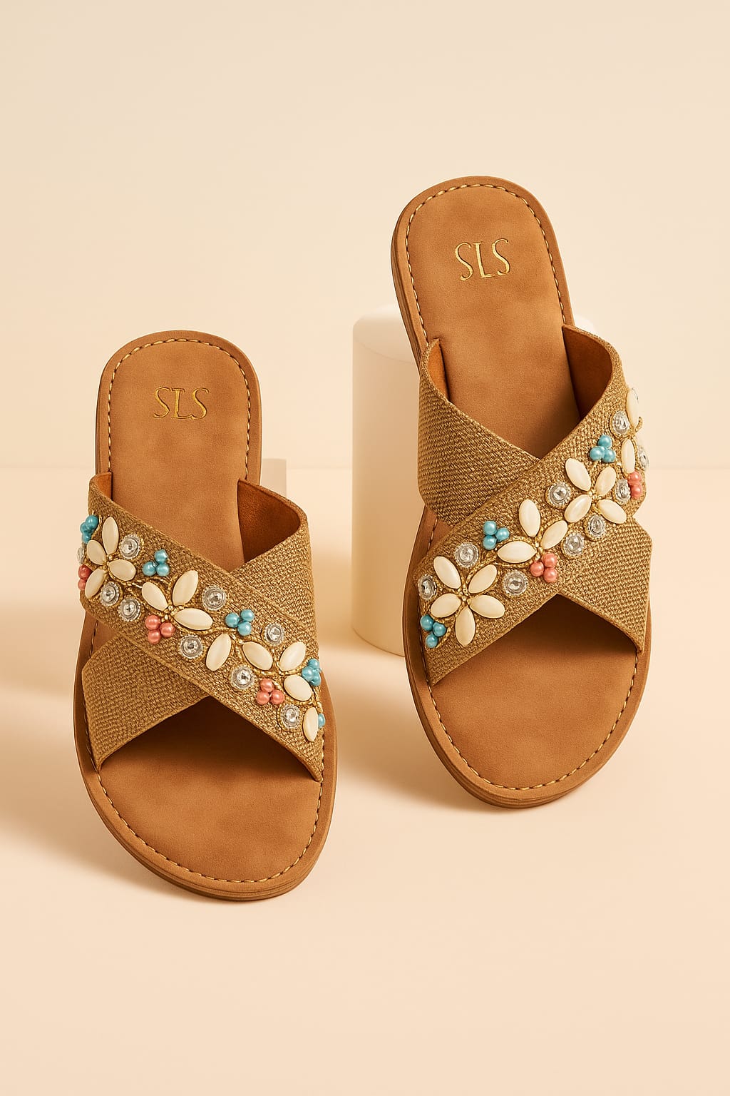 Women’s Embellished Ethnic Flats – Cross Strap Sliders with Shell & Stone Work (D20012)