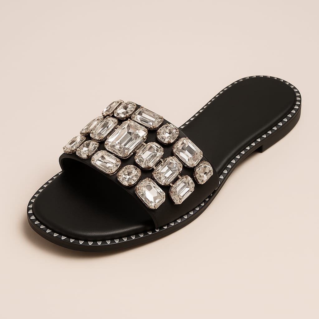 Women's Black Slip-On Flats with Oversized Crystal Embellishments  (LC-744)