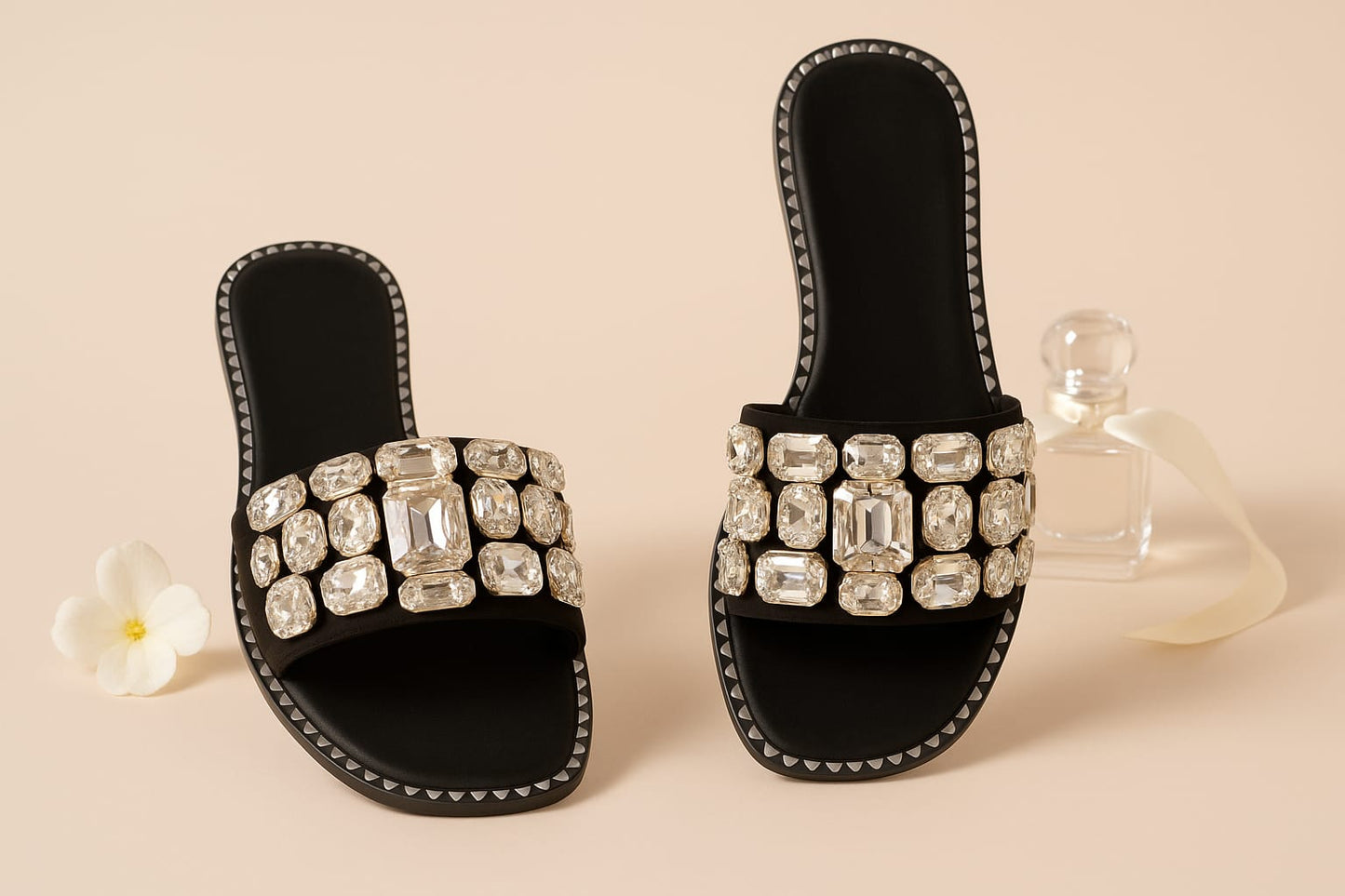 Women's Black Slip-On Flats with Oversized Crystal Embellishments  (LC-744)