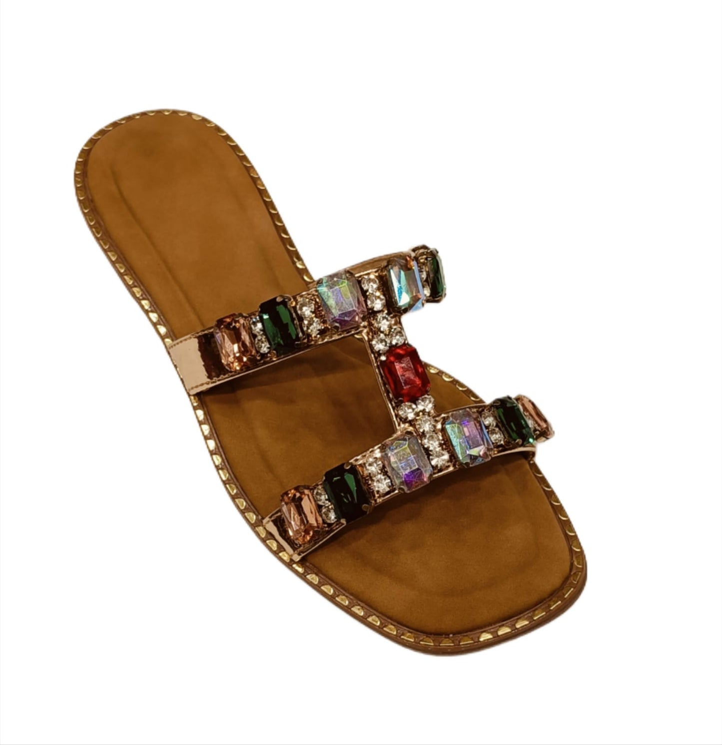 Women’s Tan Flat Sandals with Multicolor Gem Embellishments (LC-743)