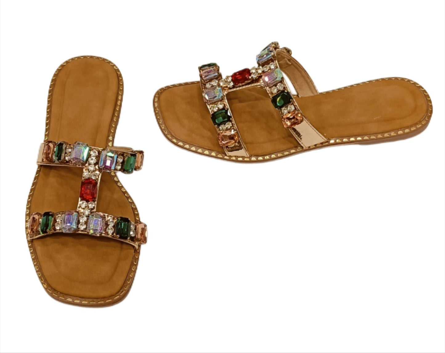 Women’s Tan Flat Sandals with Multicolor Gem Embellishments (LC-743)