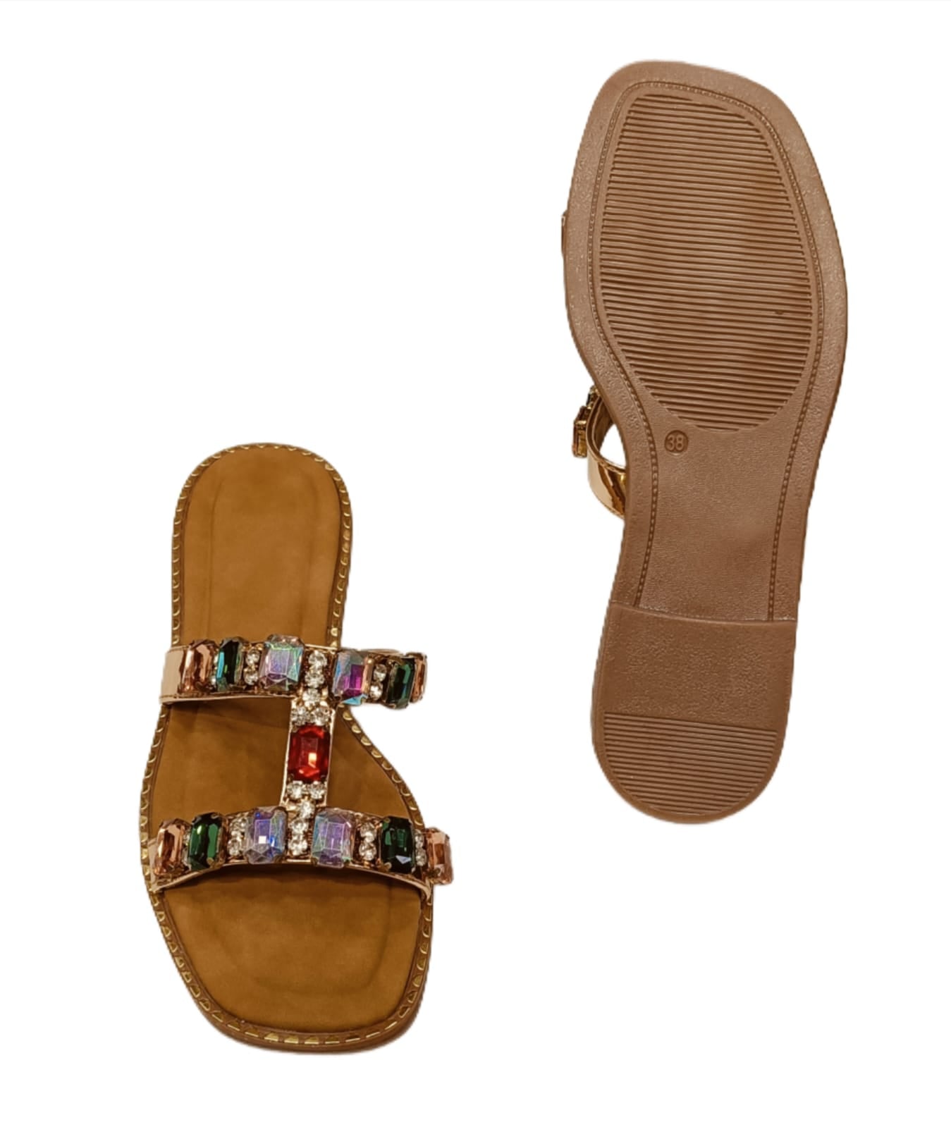 Women’s Tan Flat Sandals with Multicolor Gem Embellishments (LC-743)