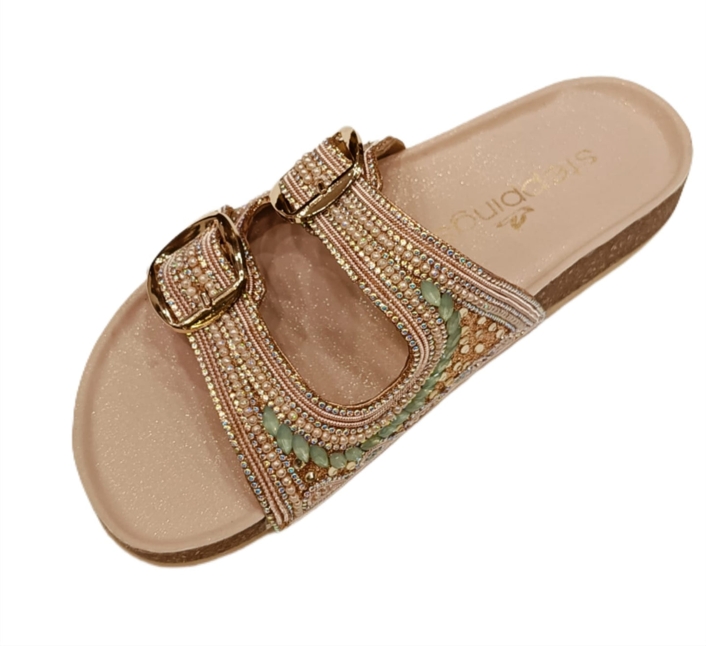 Women’s Beige Double-Buckle Flats with Hand-Beaded Detailing (AD21)