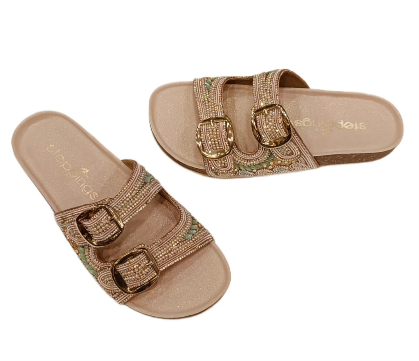 Women’s Beige Double-Buckle Flats with Hand-Beaded Detailing (AD21)