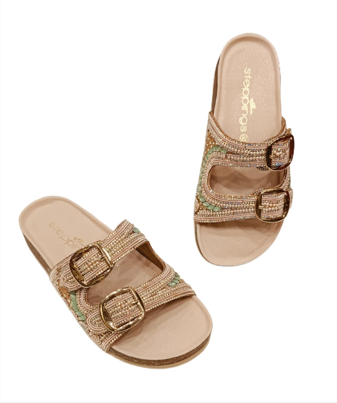 Women’s Beige Double-Buckle Flats with Hand-Beaded Detailing (AD21)