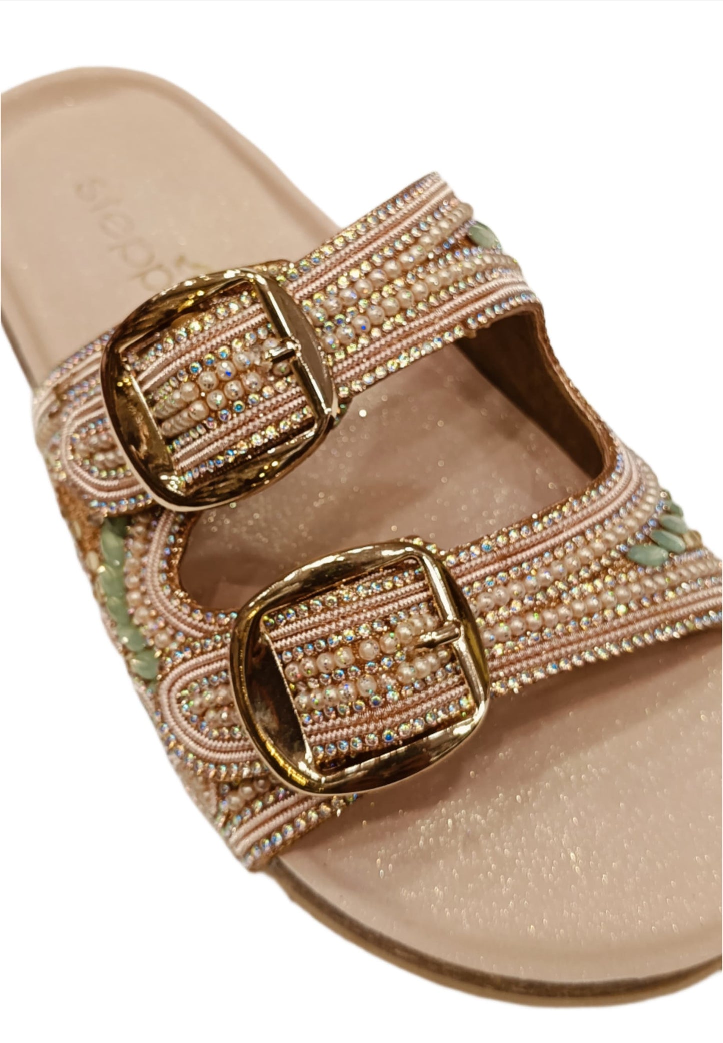 Women’s Beige Double-Buckle Flats with Hand-Beaded Detailing (AD21)