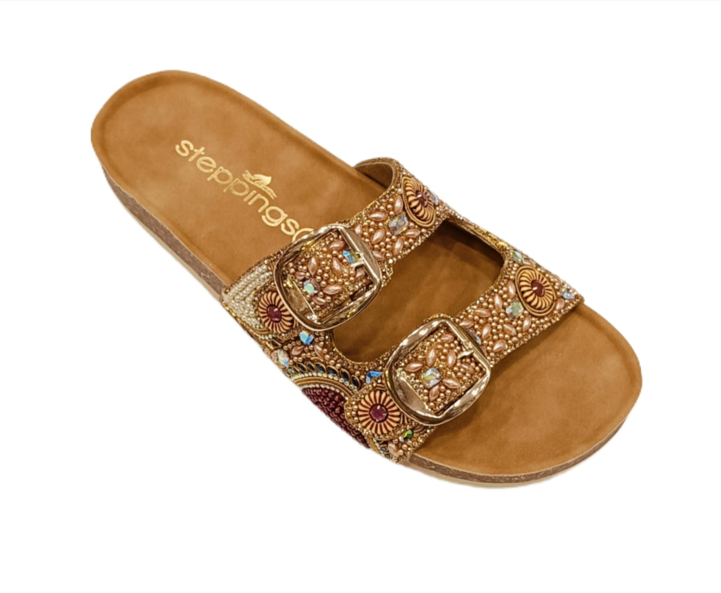 Women’s Tan Double-Buckle Flats with Intricate Bead & Stone Embellishments (A26)