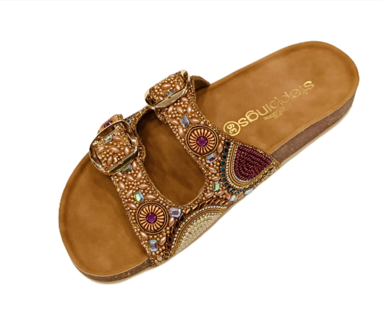Women’s Tan Double-Buckle Flats with Intricate Bead & Stone Embellishments (A26)