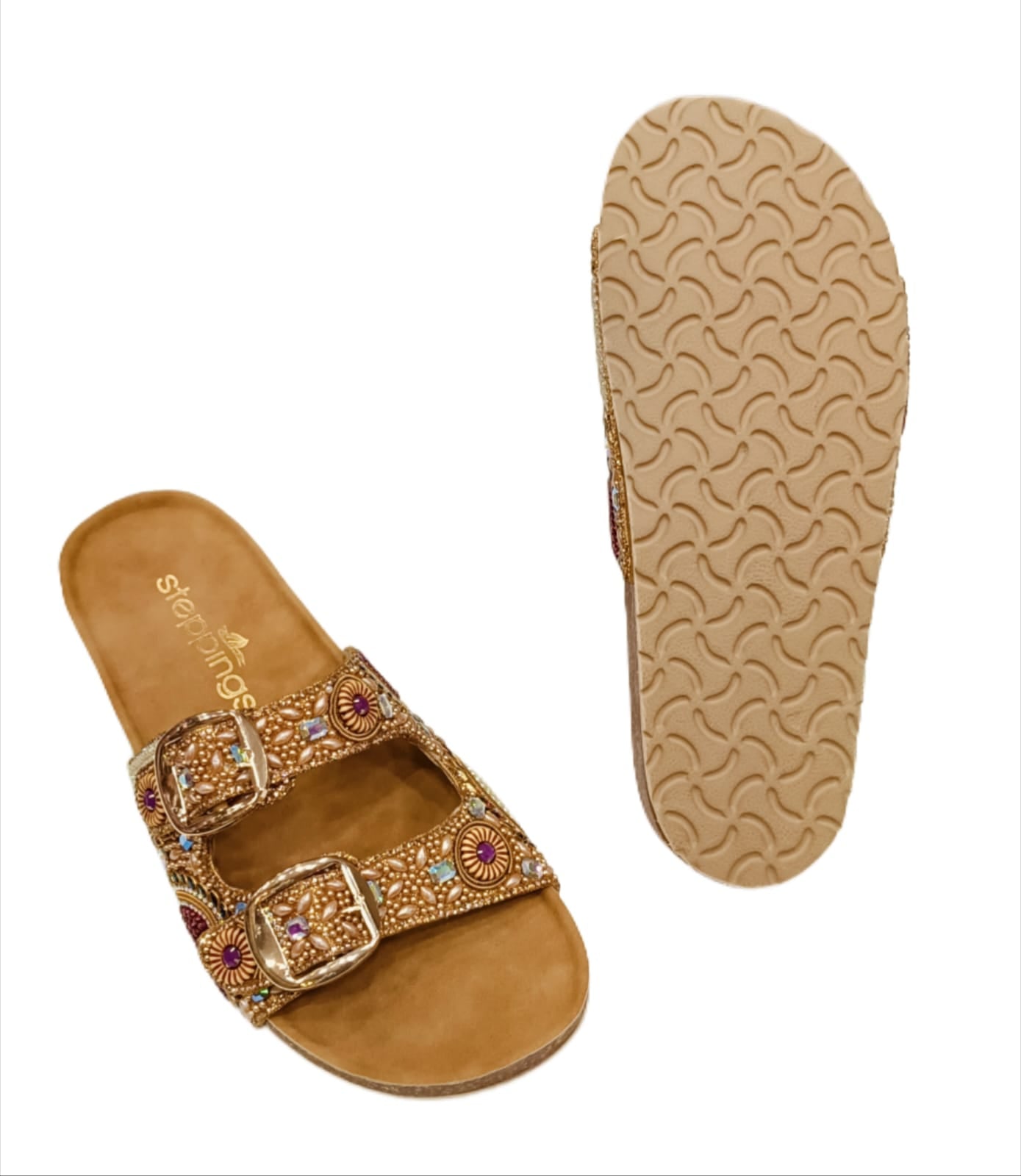 Women’s Tan Double-Buckle Flats with Intricate Bead & Stone Embellishments (A26)