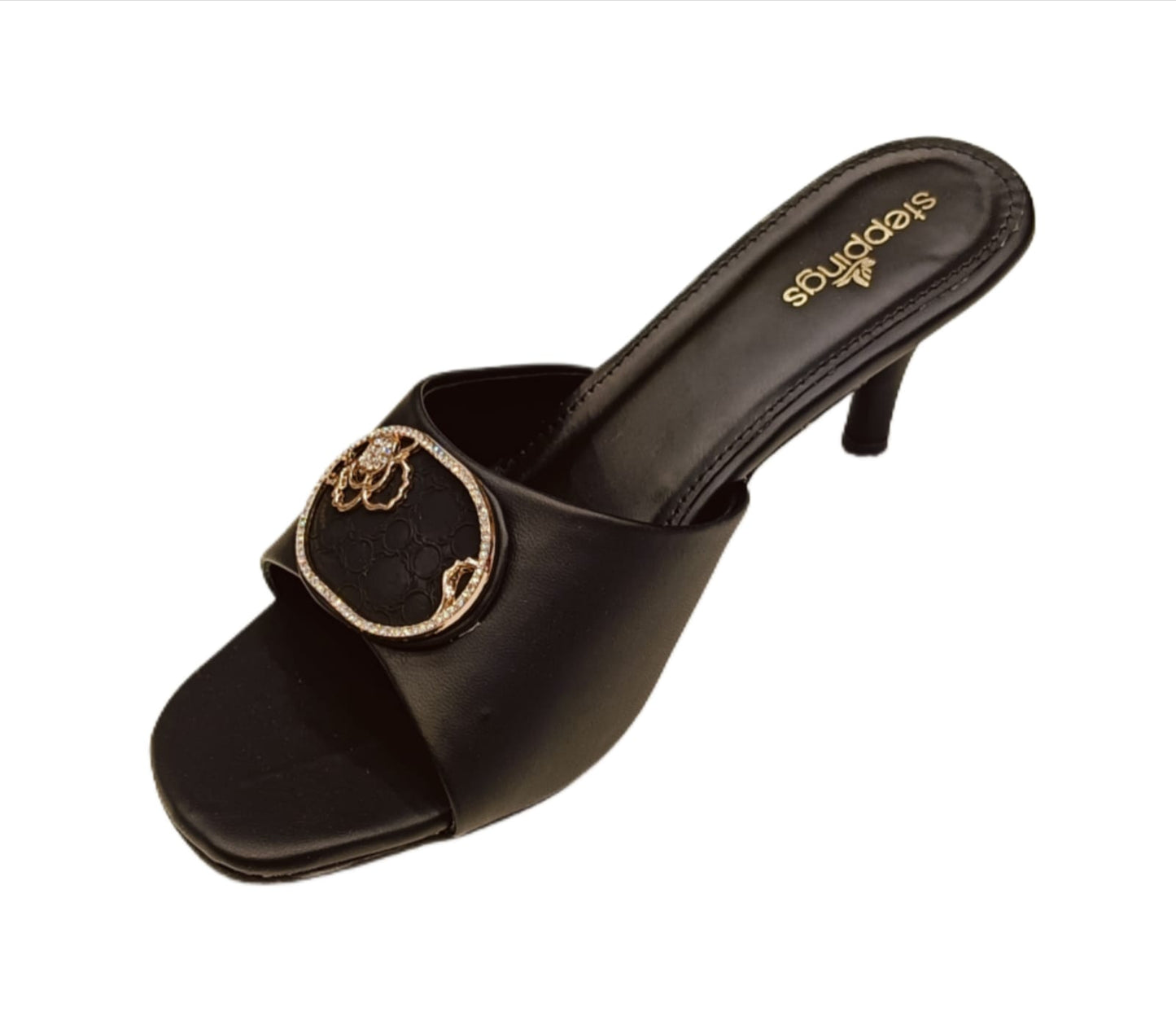 Women’s Elegant Slip-On Heels with Floral Gold-Tone Embellishment (V907)