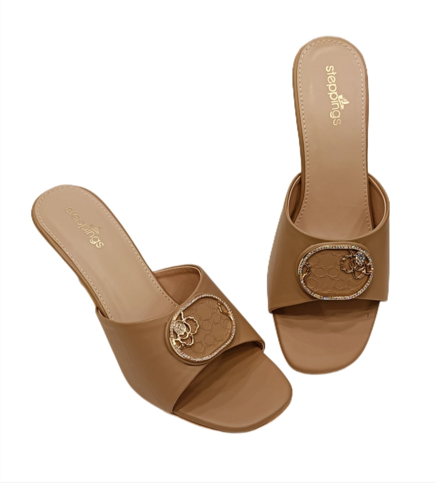 Women’s Elegant Slip-On Heels with Floral Gold-Tone Embellishment (V907)