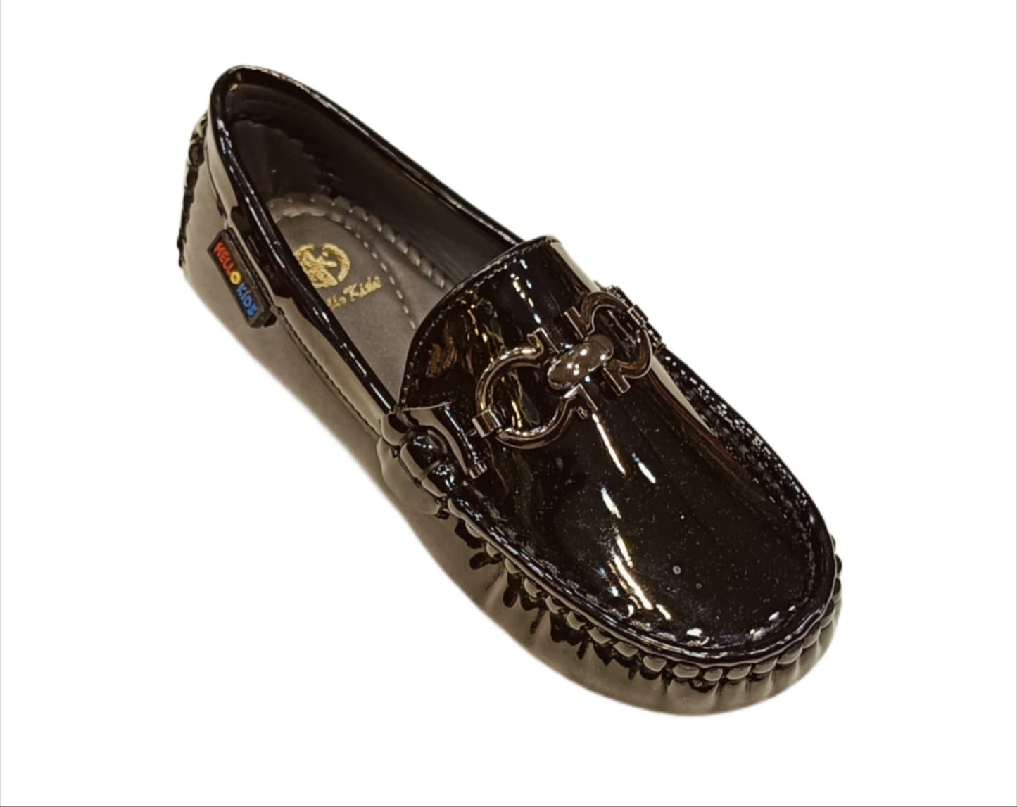 Kids’ Glossy Black Patent Loafers with Metal Buckle & Anti-Slip Sole (KL-019)