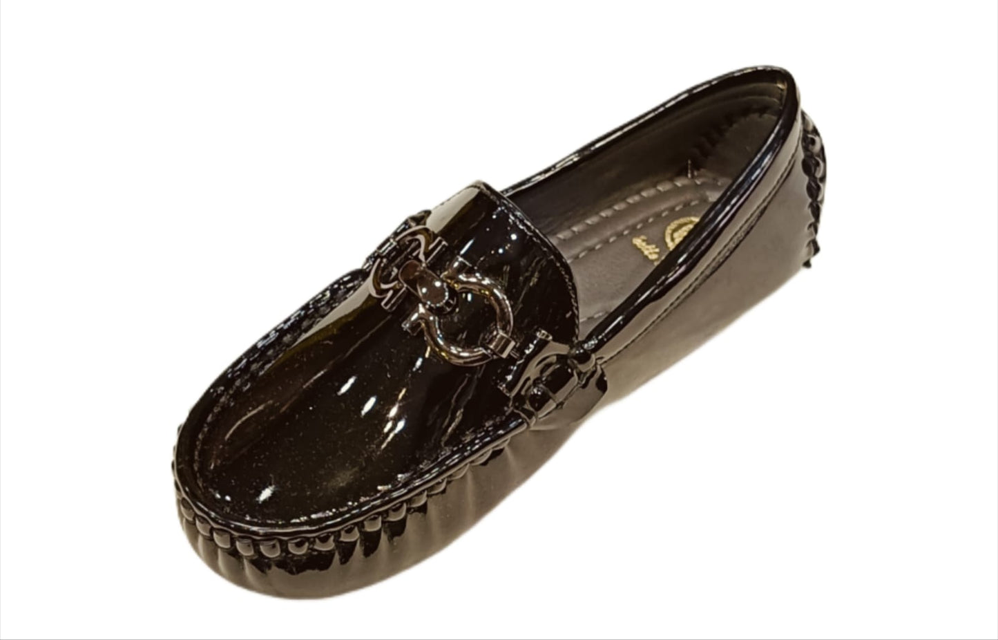 Kids’ Glossy Black Patent Loafers with Metal Buckle & Anti-Slip Sole (KL-019)