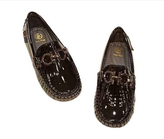 Kids’ Glossy Black Patent Loafers with Metal Buckle & Anti-Slip Sole (KL-019)