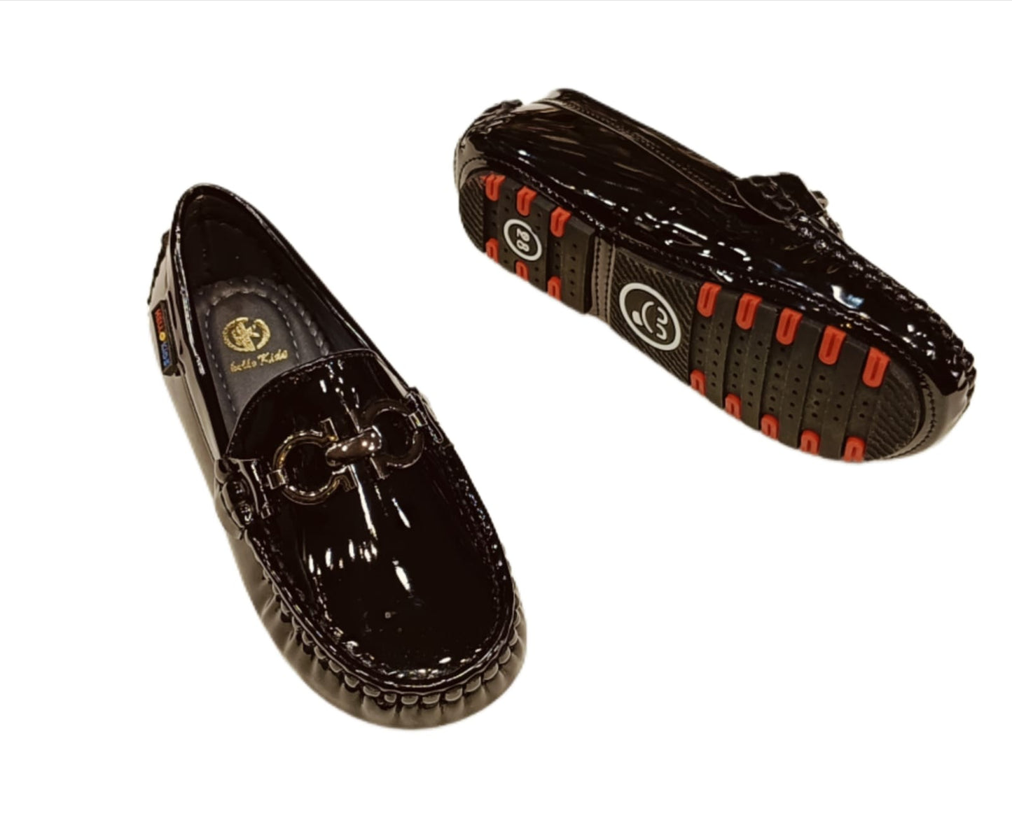 Kids’ Glossy Black Patent Loafers with Metal Buckle & Anti-Slip Sole (KL-019)
