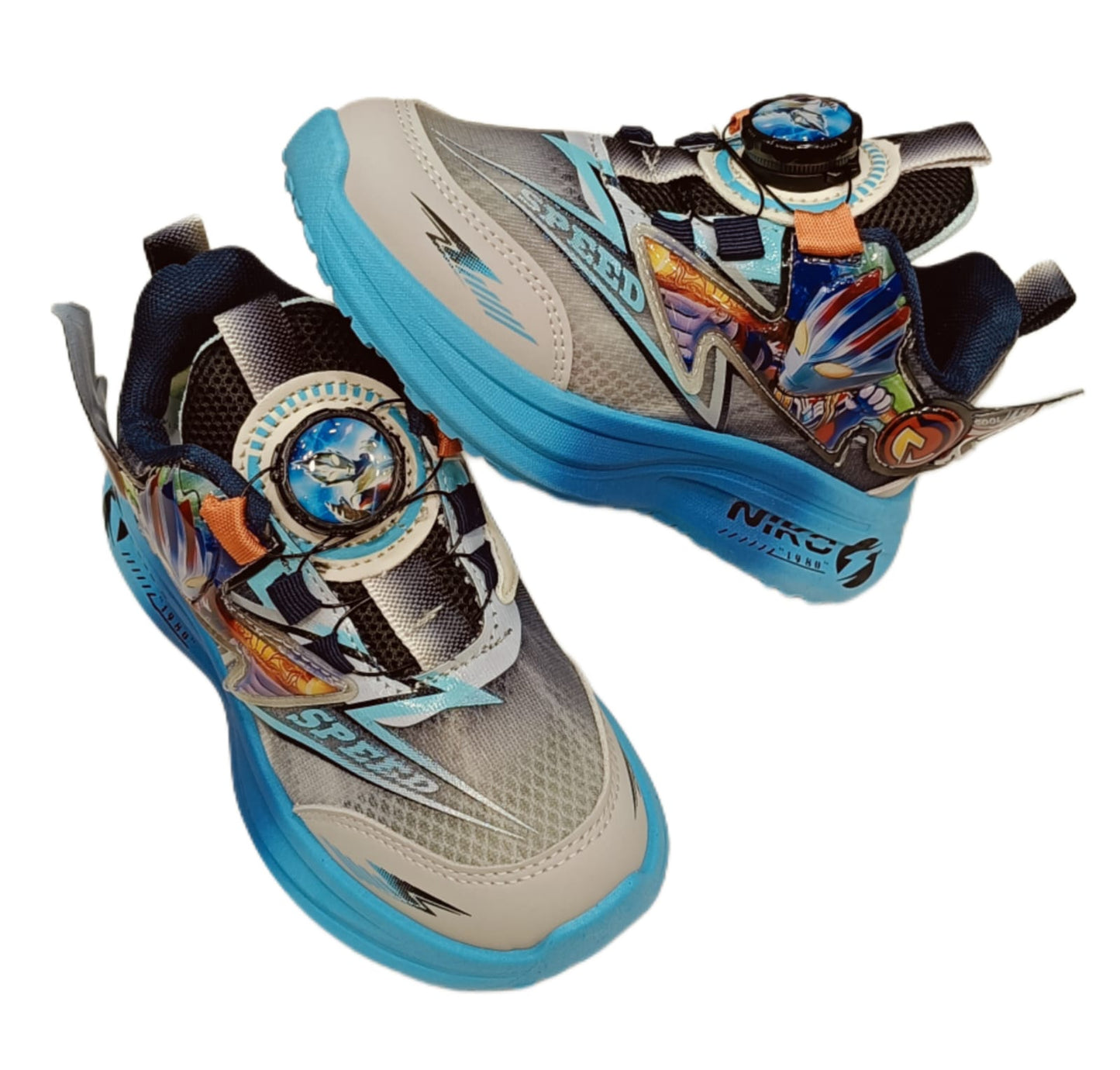 Kids’ Cartoon-Themed Sports Sneakers – Grey & Blue Mesh Casual Shoes with Dial Closure (SS-A806)