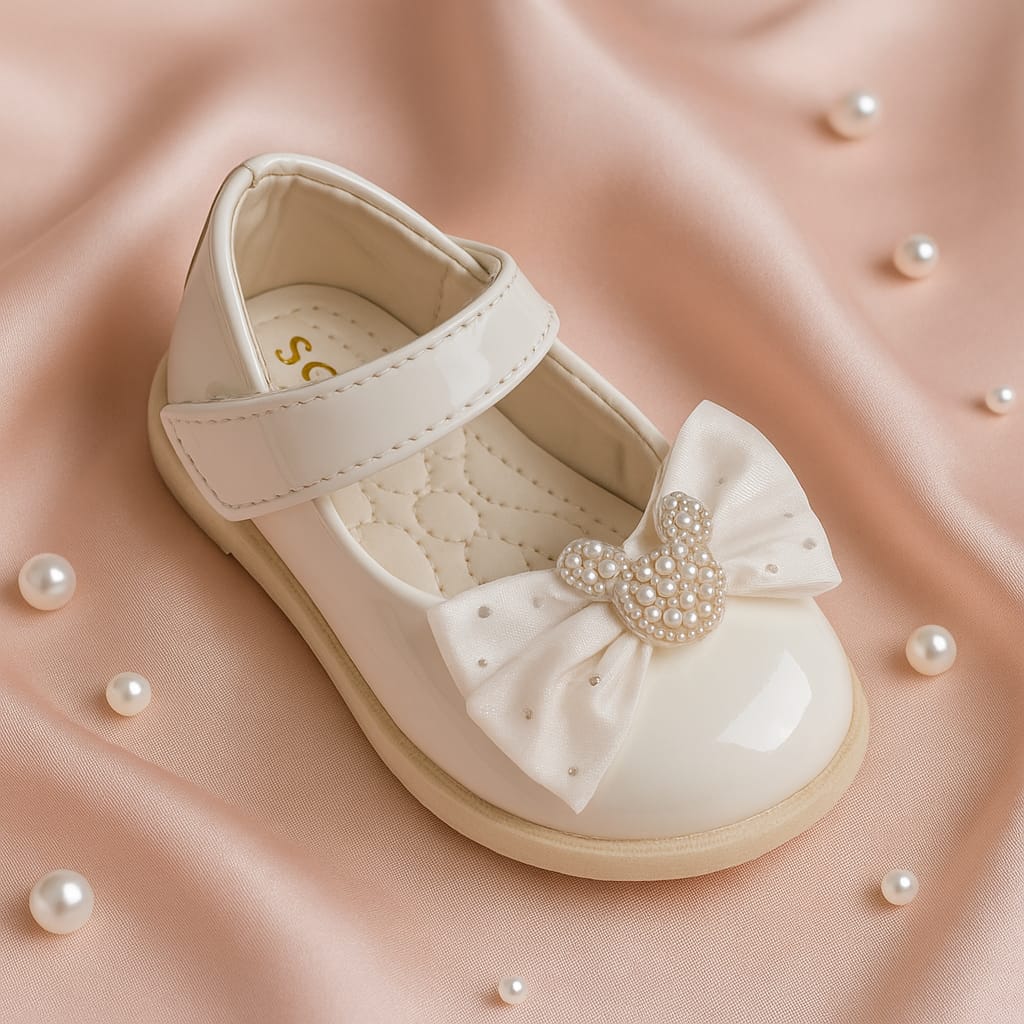 Baby Girls’ Pearl Embellished Bow Ballerina Shoes – Glossy Finish (KB-035)