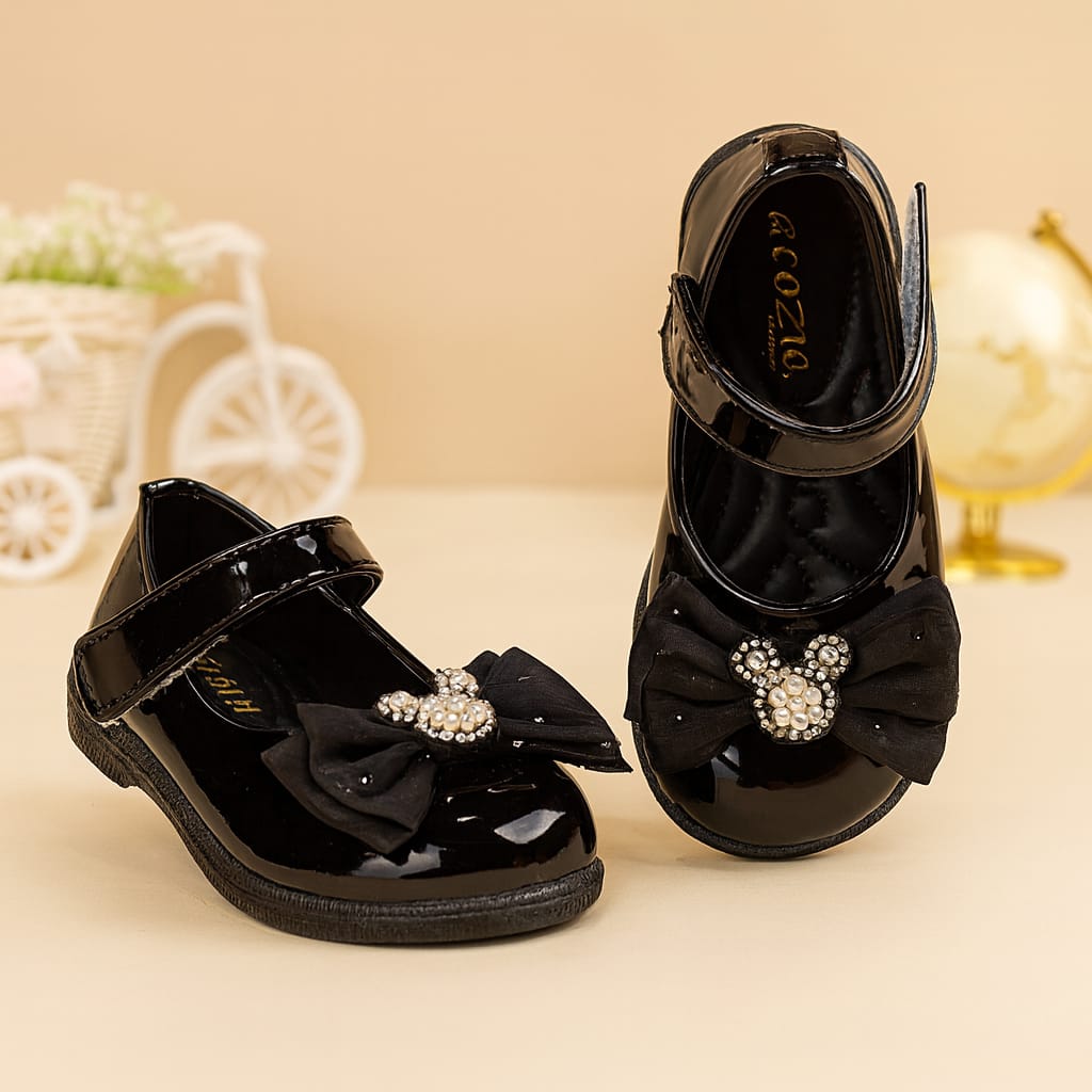 Baby Girls’ Pearl Embellished Bow Ballerina Shoes – Glossy Finish (KB-035)