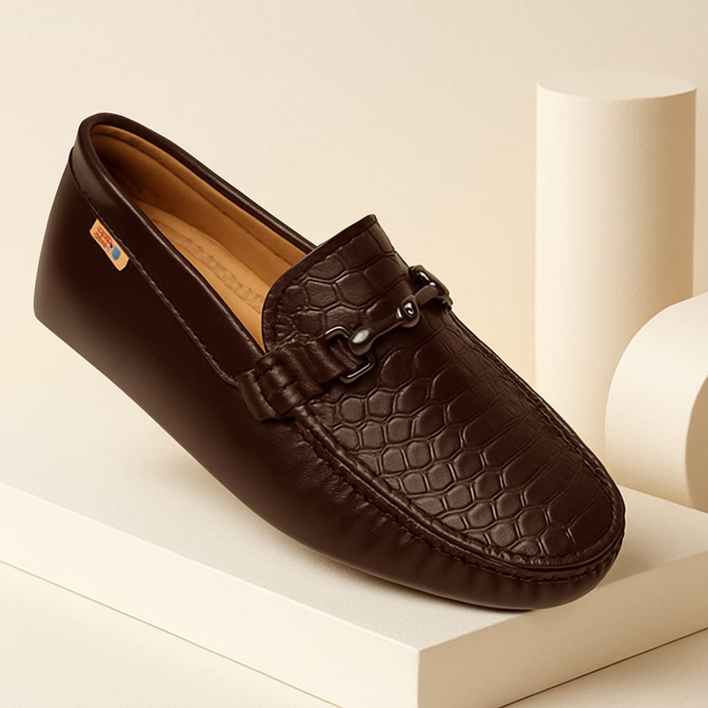 Kids’ Brown Loafers with Croc-Texture Finish & Metal Buckle Ornament (KL-013)