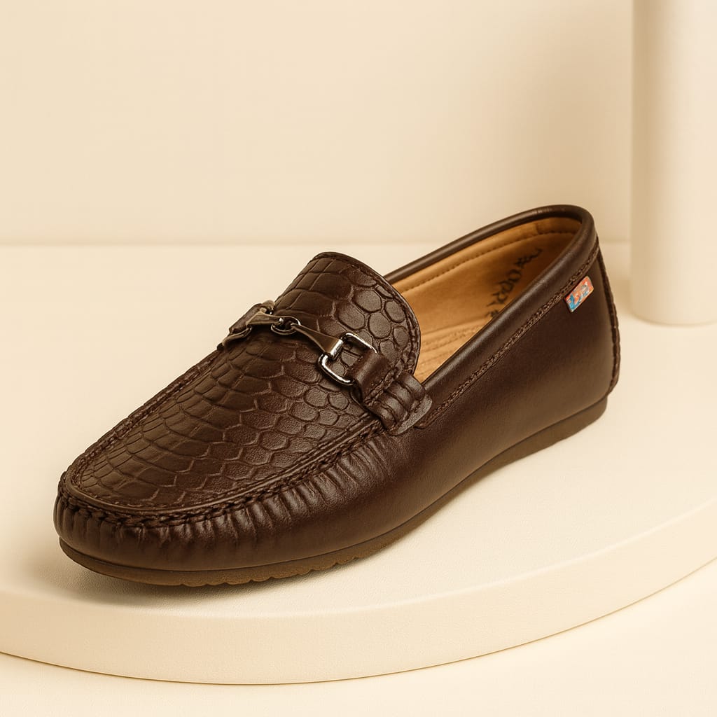 Kids’ Brown Loafers with Croc-Texture Finish & Metal Buckle Ornament (KL-013)