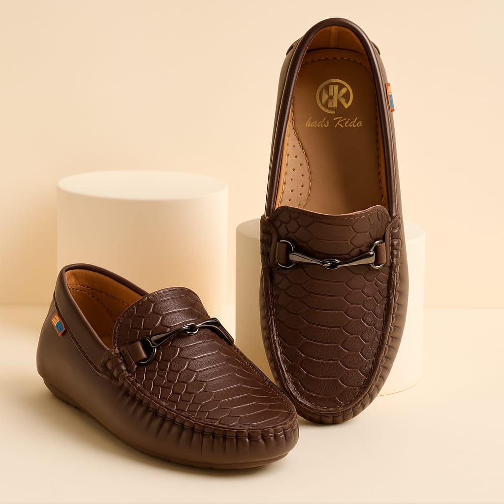 Kids’ Brown Loafers with Croc-Texture Finish & Metal Buckle Ornament (KL-013)