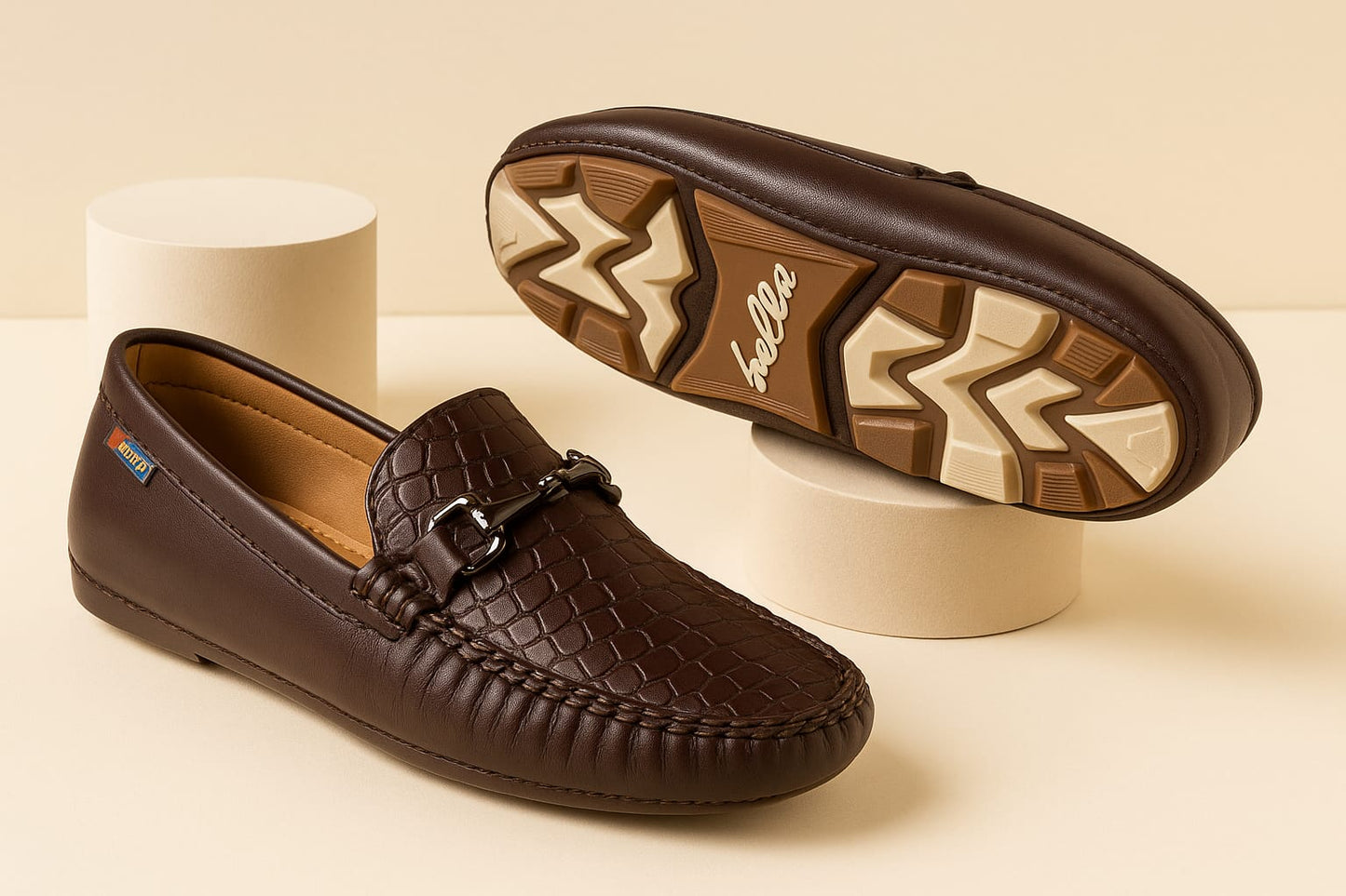 Kids’ Brown Loafers with Croc-Texture Finish & Metal Buckle Ornament (KL-013)