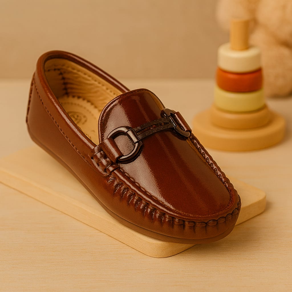 Kids’ Brown Patent Leather Loafers with Metal Horsebit Detail & Anti-Slip Sole(KL-016)