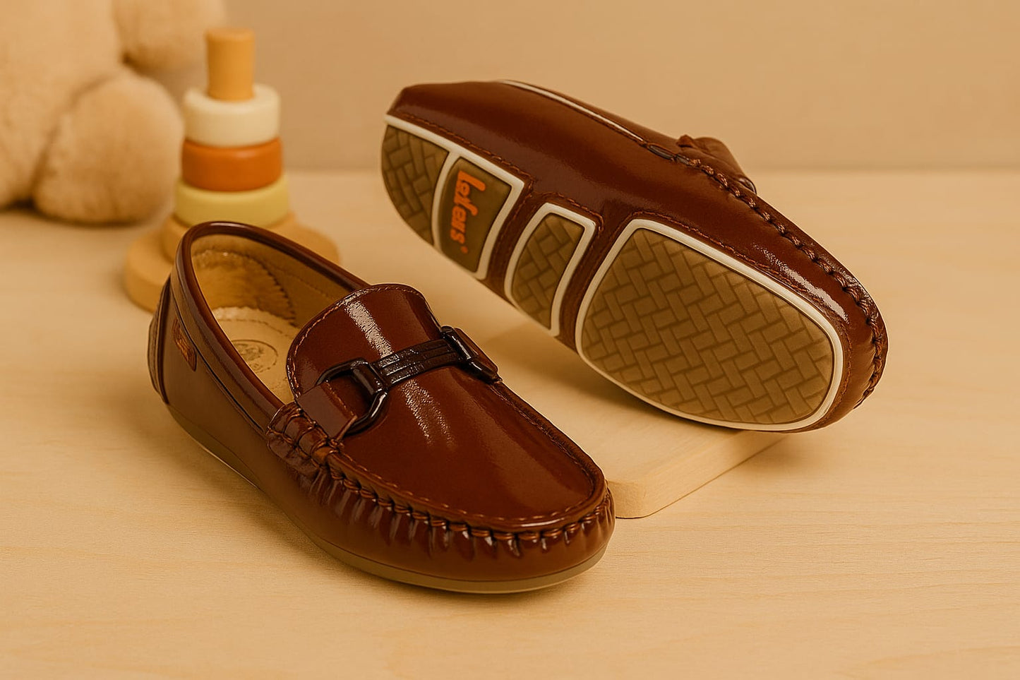 Kids’ Brown Patent Leather Loafers with Metal Horsebit Detail & Anti-Slip Sole(KL-016)