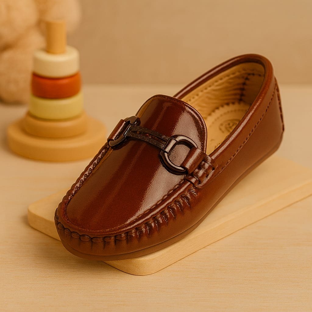 Kids’ Brown Patent Leather Loafers with Metal Horsebit Detail & Anti-Slip Sole(KL-016)
