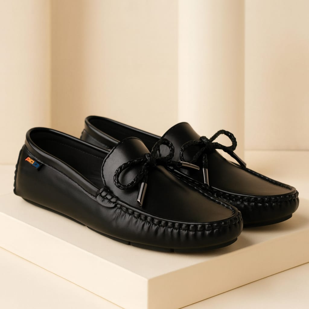 Kids’ Black Faux Leather Loafers with Bow Tie Detail & Anti-Slip Sole (KL-015)
