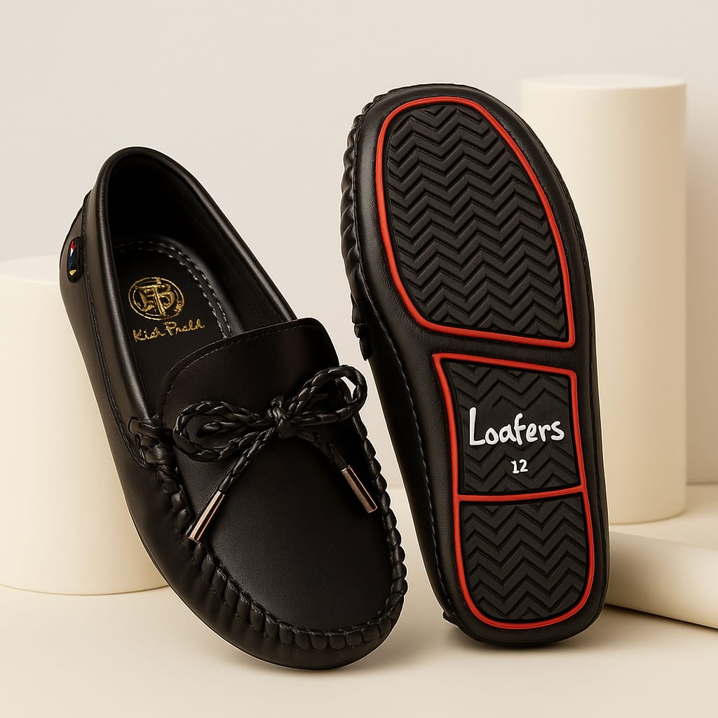Kids’ Black Faux Leather Loafers with Bow Tie Detail & Anti-Slip Sole (KL-015)