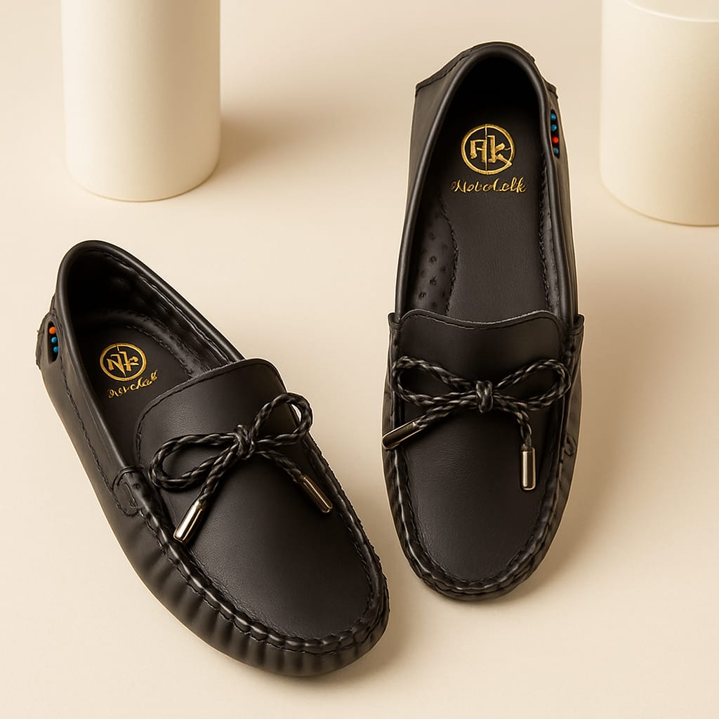 Kids’ Black Faux Leather Loafers with Bow Tie Detail & Anti-Slip Sole (KL-015)