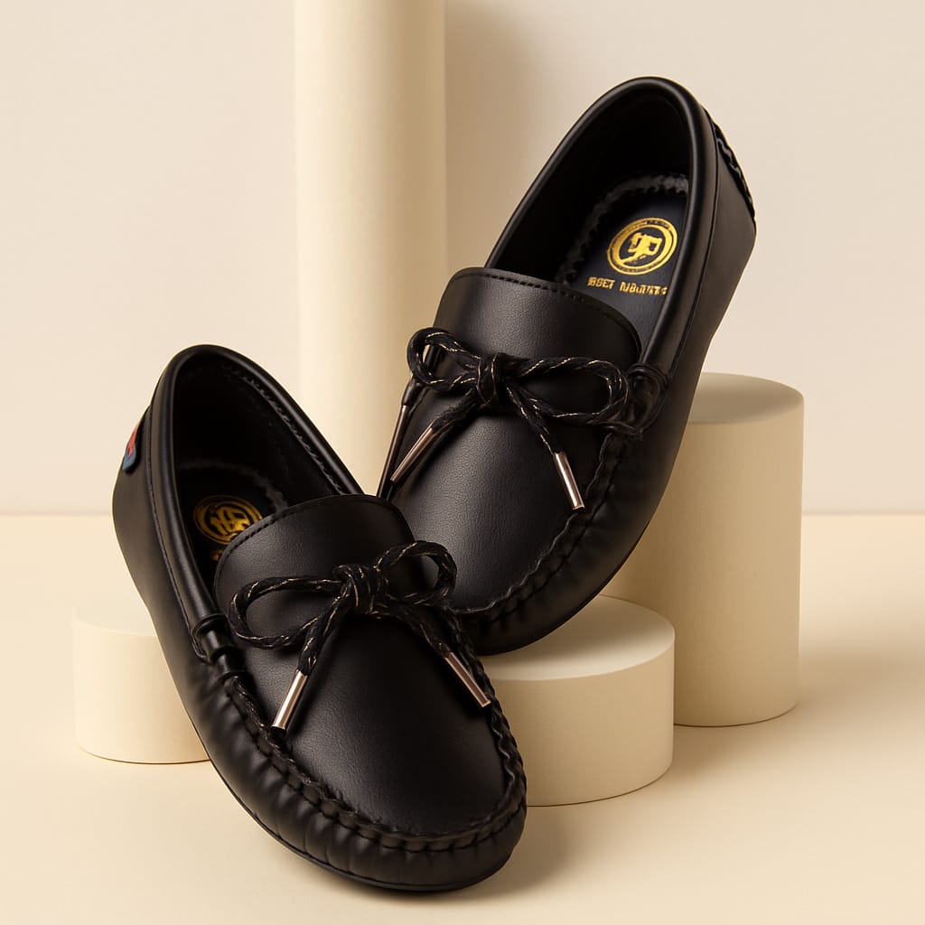 Kids’ Black Faux Leather Loafers with Bow Tie Detail & Anti-Slip Sole (KL-015)