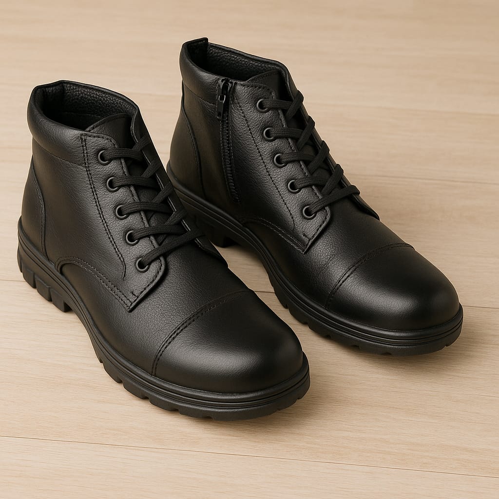 Men’s Black Genuine Leather Ankle Boots with Side Zip & Lace-Up Design (CTSF)