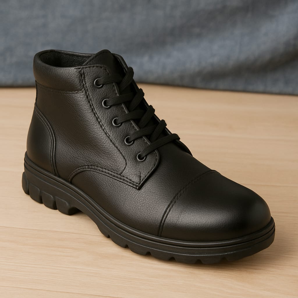 Men’s Black Genuine Leather Ankle Boots with Side Zip & Lace-Up Design (CTSF)