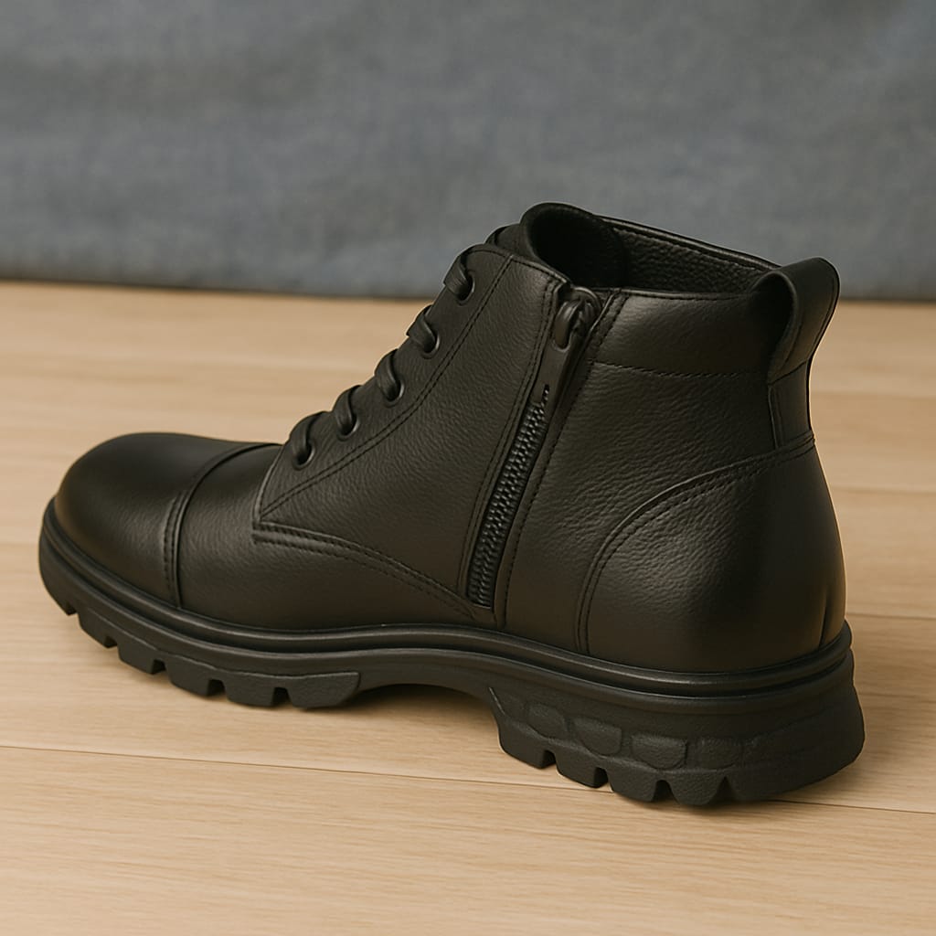 Men’s Black Genuine Leather Ankle Boots with Side Zip & Lace-Up Design (CTSF)