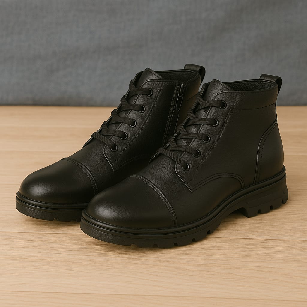 Men’s Black Genuine Leather Ankle Boots with Side Zip & Lace-Up Design (CTSF)