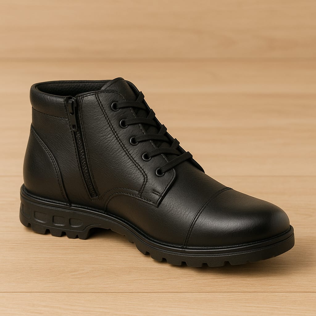 Men’s Black Genuine Leather Ankle Boots with Side Zip & Lace-Up Design (CTSF)