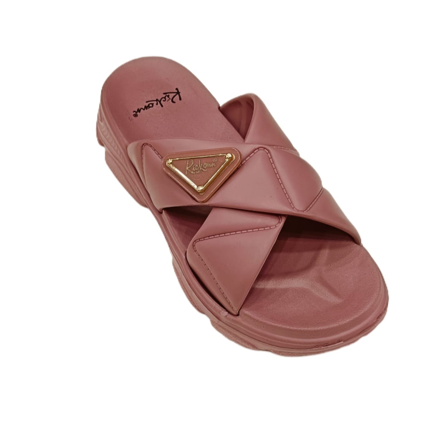Women’s Cross-Strap Padded Sliders with Gold Emblem – Casual Comfort Sandals (KKN-002)