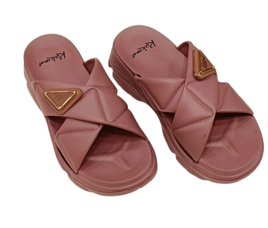 Women’s Cross-Strap Padded Sliders with Gold Emblem – Casual Comfort Sandals (KKN-002)