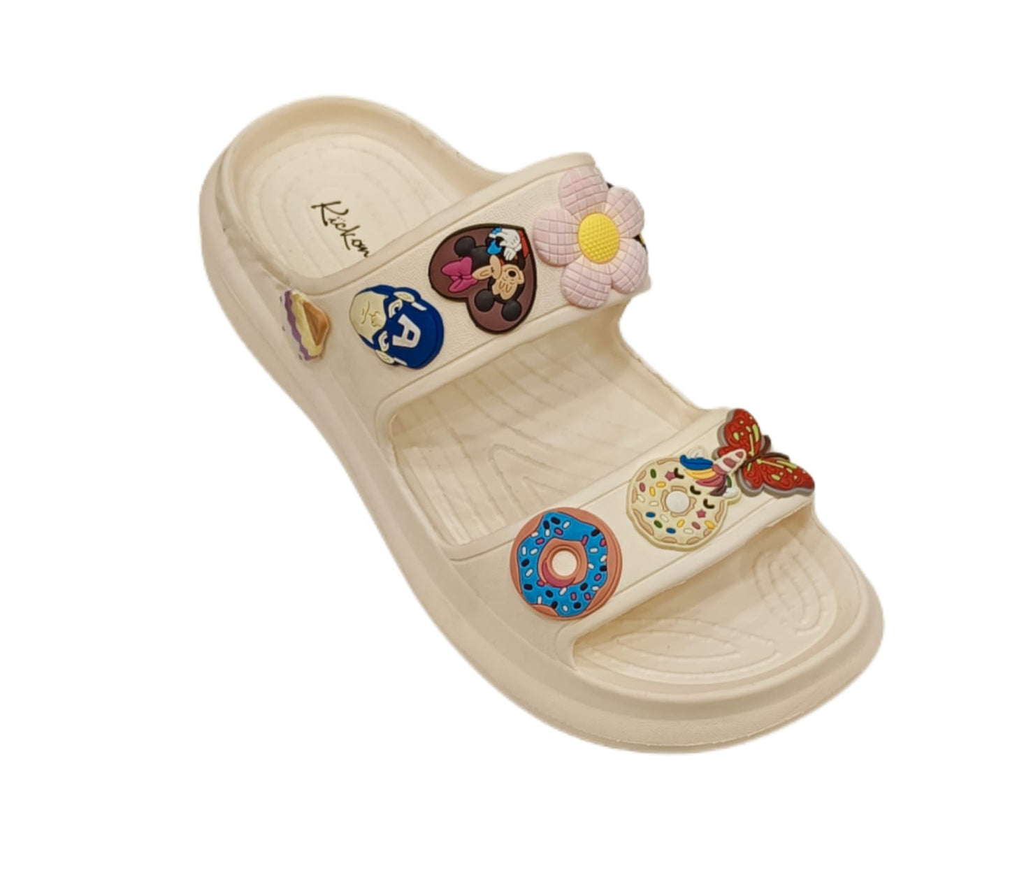 Women s’ Double Strap Sliders with Colorful Charms – Trendy Casual Sandals (KKN-004)