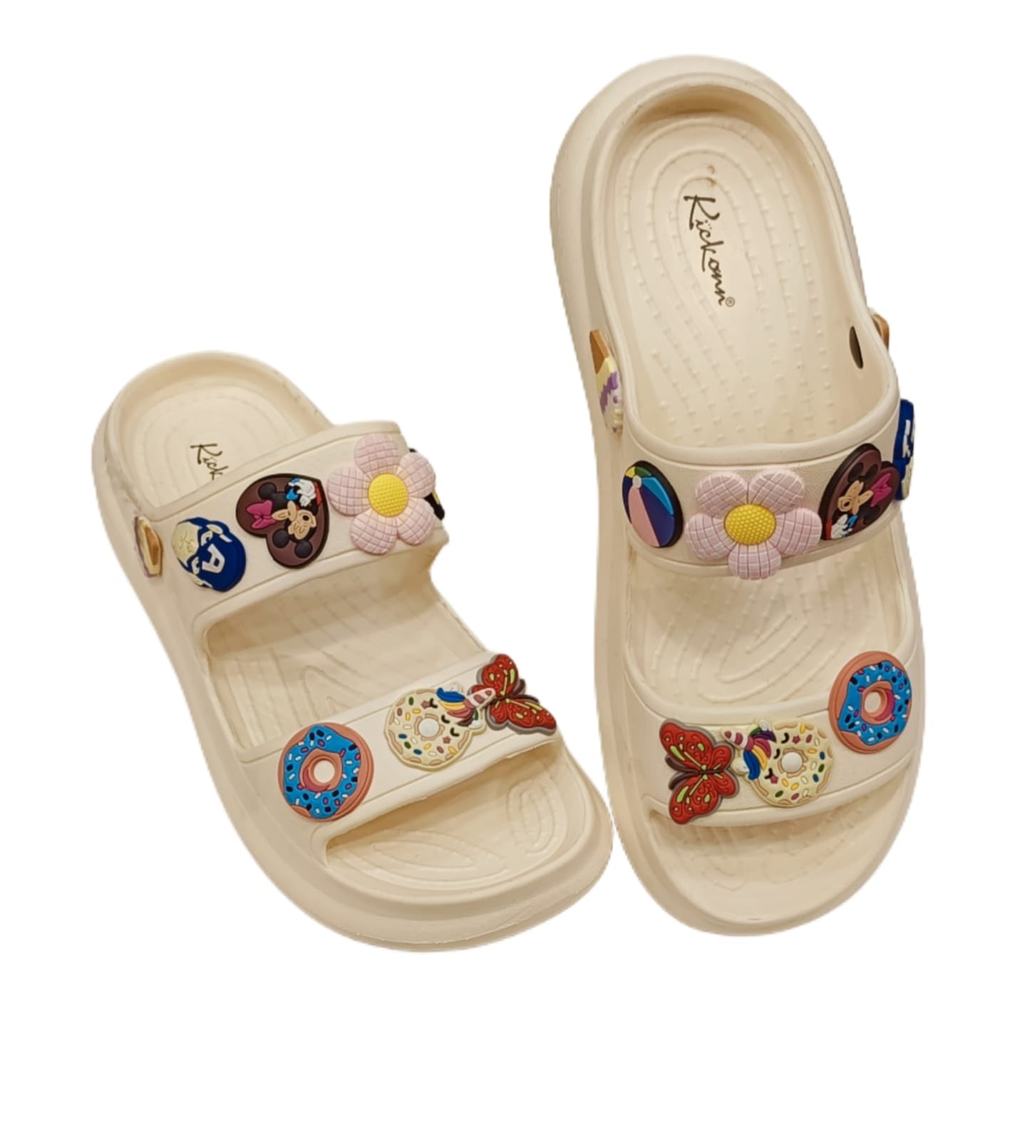 Women s’ Double Strap Sliders with Colorful Charms – Trendy Casual Sandals (KKN-004)