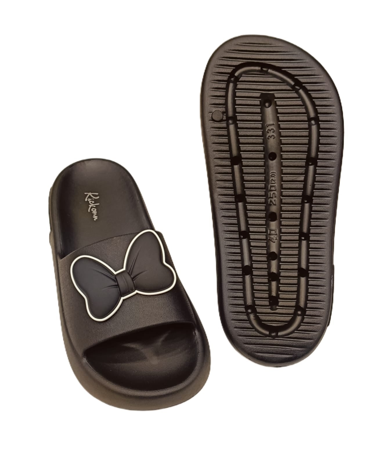 Womens’ Black Bow Slip-On Sliders – Stylish & Comfortable Casual Sandals (KKN-005)