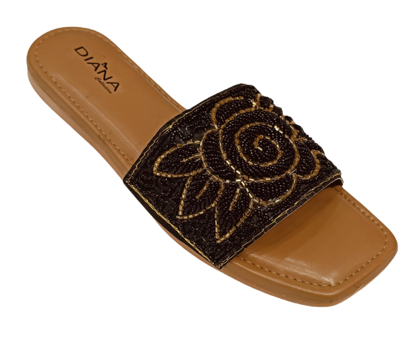 Embellished Black &amp; Gold Floral Beaded Slide Sandals for Women (LC-157)