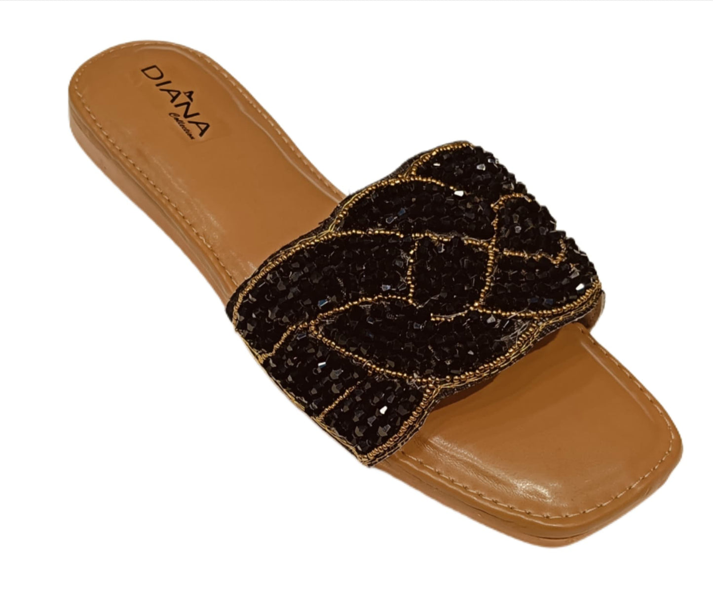 Elegant Black Sequin Slide Sandals with Golden Accents (LC-159)