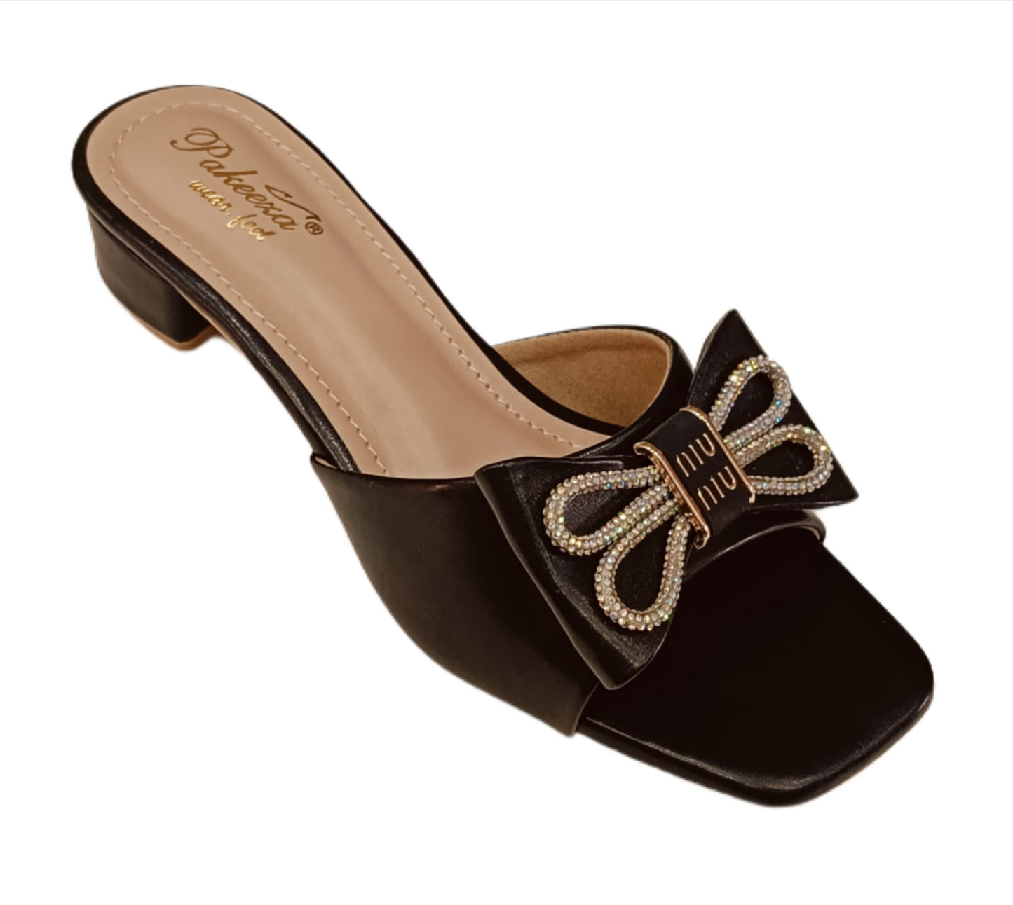 Bow Embellished Low Block Heel Mules – Dusty Pink &amp; Black (Pakeeza LC-186)