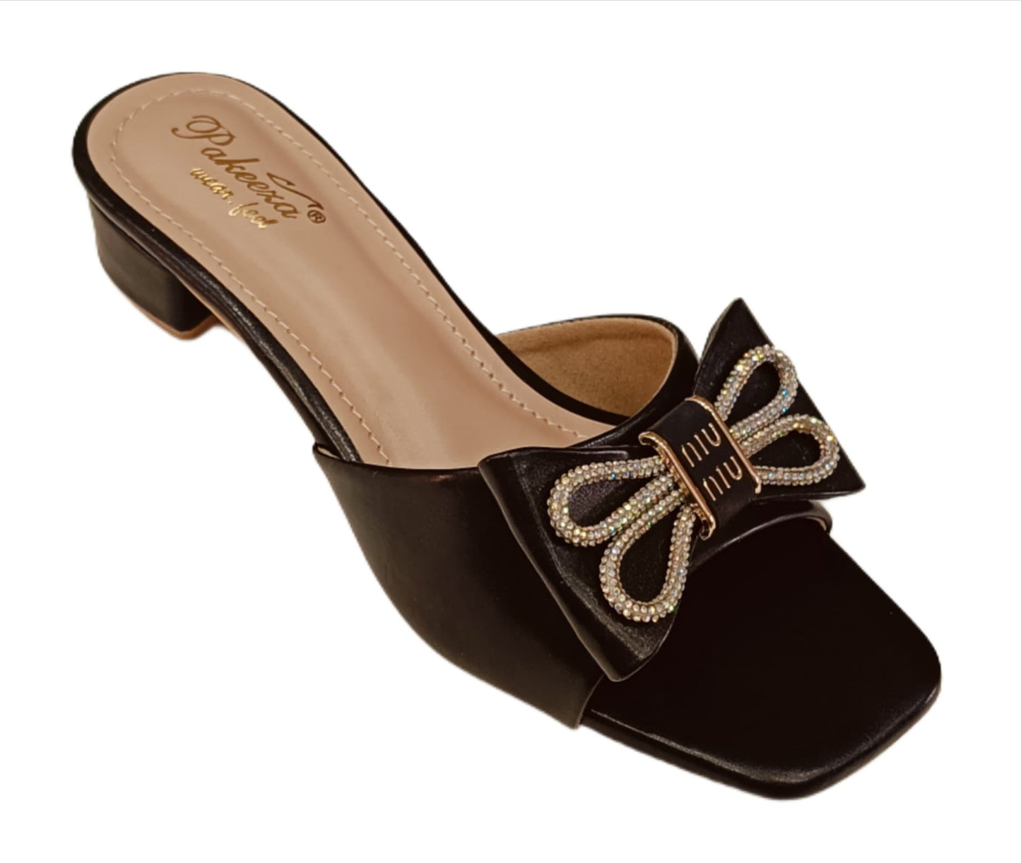 Bow Embellished Low Block Heel Mules – Dusty Pink &amp; Black (Pakeeza LC-186)