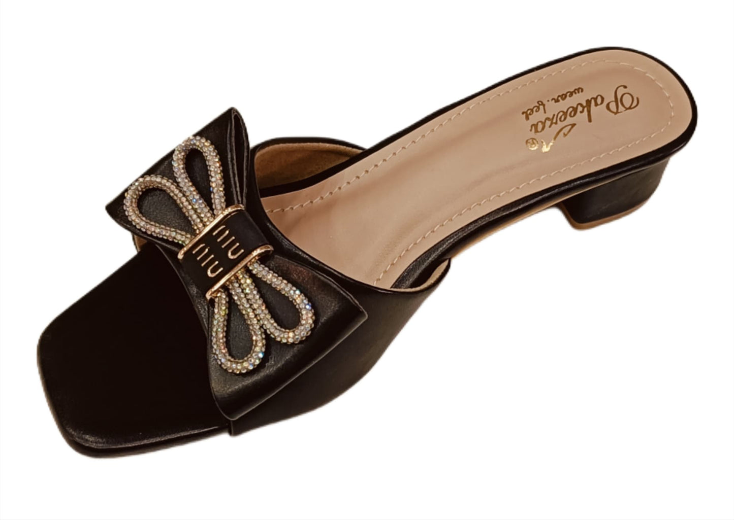 Bow Embellished Low Block Heel Mules – Dusty Pink &amp; Black (Pakeeza LC-186)