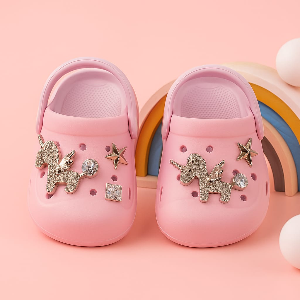 Girls Glitter Unicorn Clogs – Pink with Decorative Charms | Lightweight & Stylish (KC-SIL UNICORN)