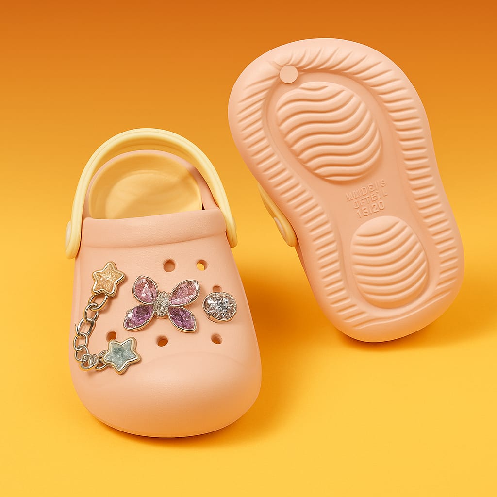 Girls Stylish Butterfly Charm Clogs – Light Pink with Chain & Star Decorations (KC-SIL BUTTERFLY)